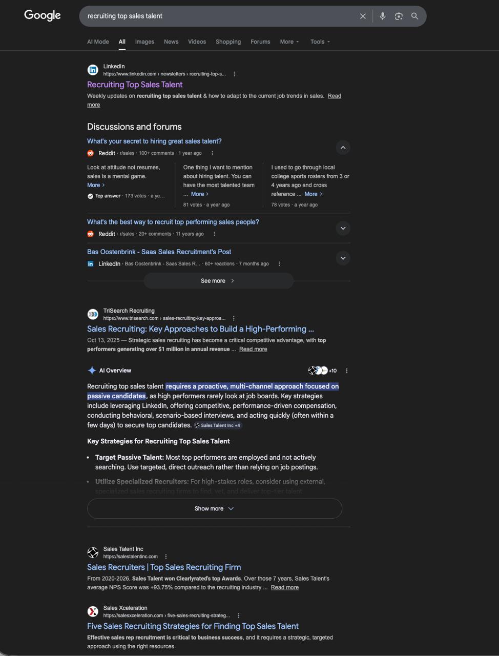 Jayce Grayye's LinkedIn newsletter ranking #1 on Google for 'recruiting top sales talent'